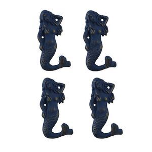 Set of 4 Blue Distressed Cast Iron Mermaids Decorative Wall Hook Set
